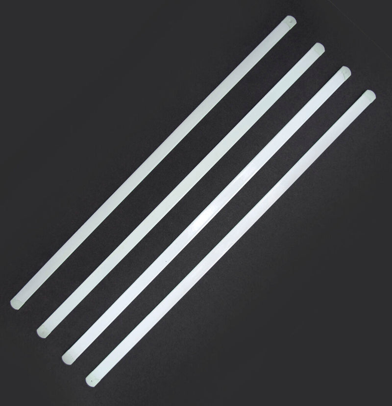 Four pieces of white metal boning for corsetry, 10mm wide and 35cm long.