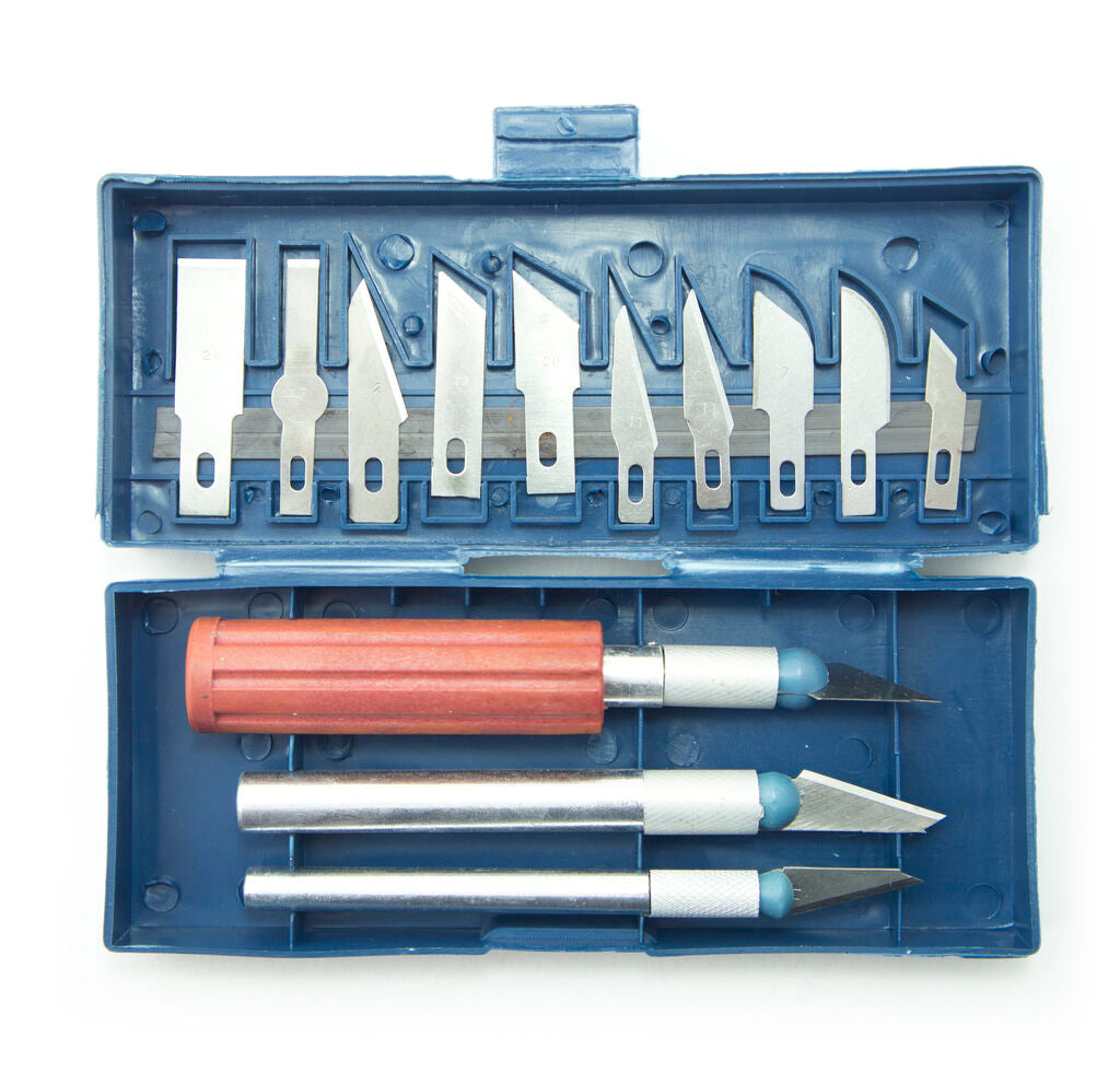 Precision craft knife set with 3 steel handles and 13 blades.