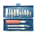 Precision craft knife set with 3 steel handles and 13 blades.
