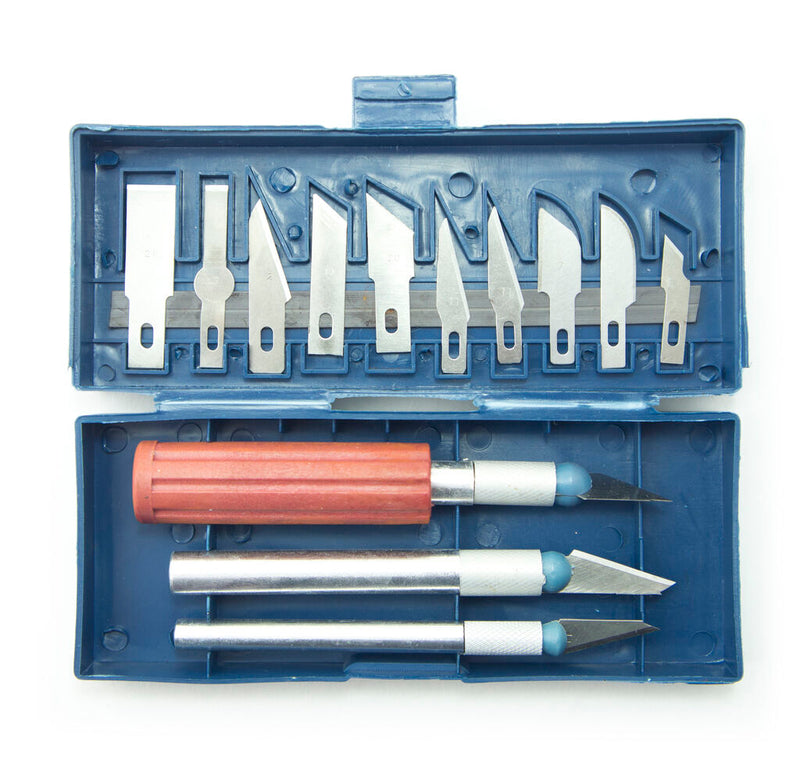 Precision craft knife set with 3 steel handles and 13 blades.