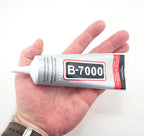 Close-up of B-7000 glue application on various materials.