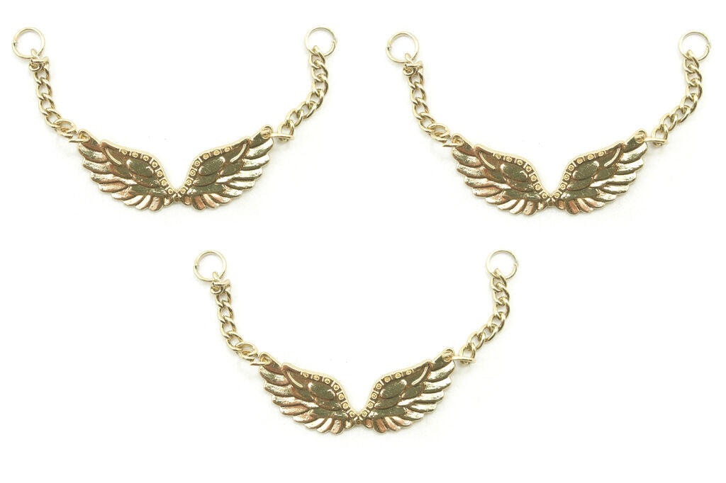 Gold tone angel wings pendant displayed on a white background.