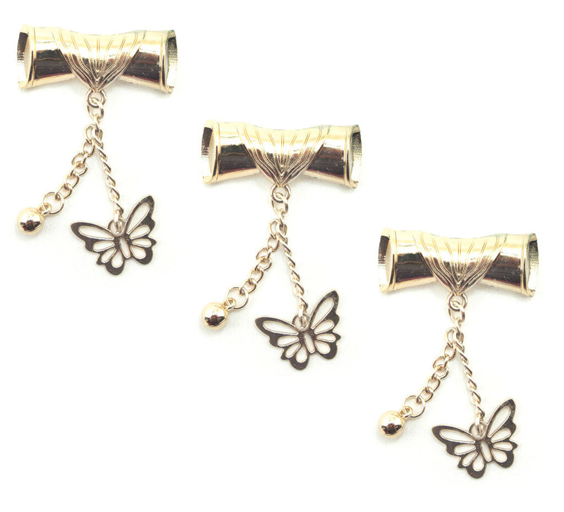 Gold tone scroll and butterfly pendant chain displayed on a white background.