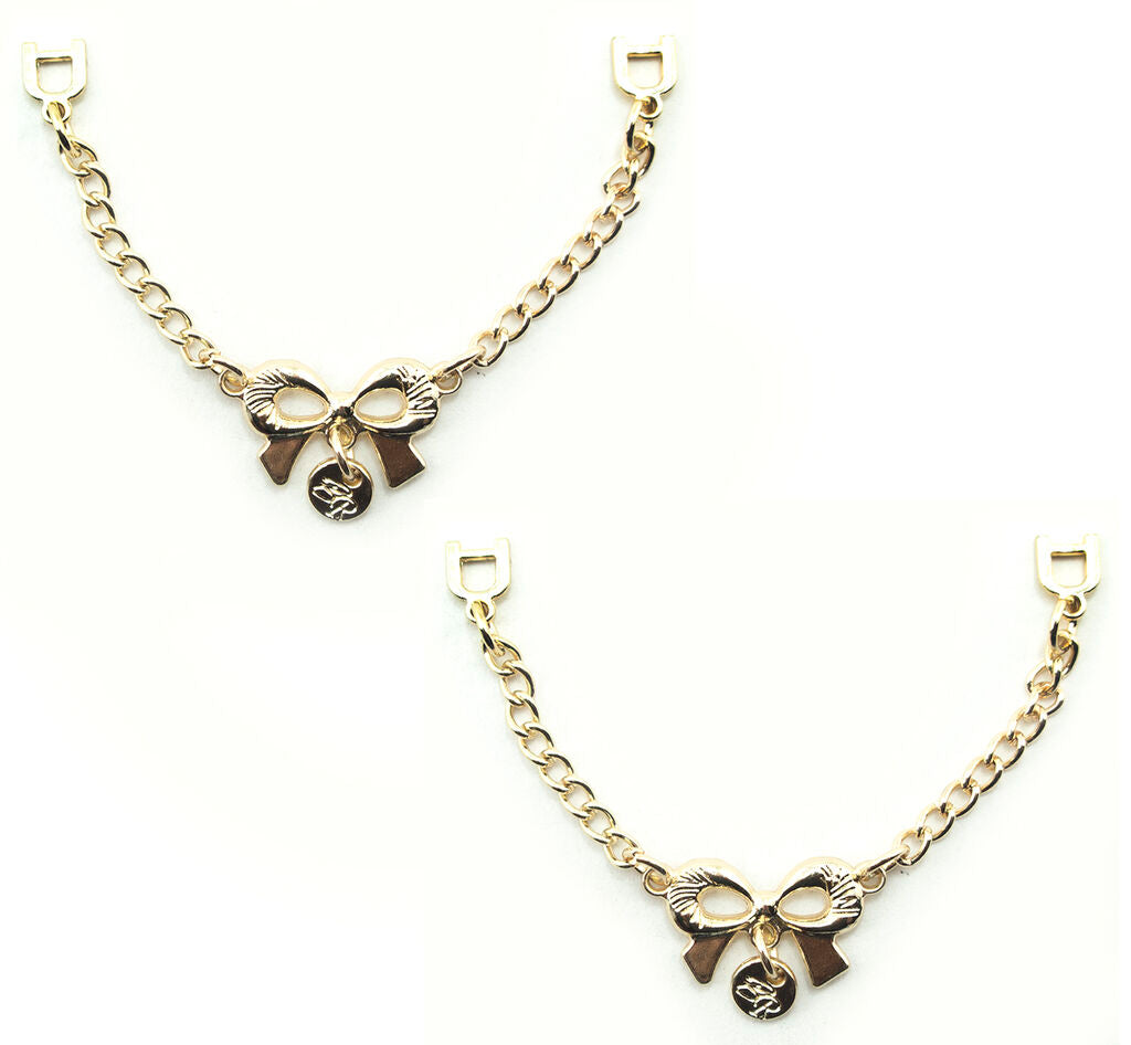 Gold tone ribbon bow chain pendant for hanging garments.