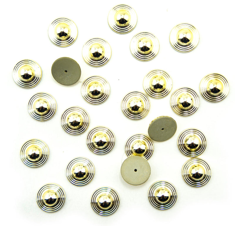 Pack of 25 circular gold tone embellishments with pin fix backings.