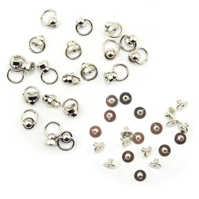 Set of 10 silver tone decorative metal binding screws with rings.