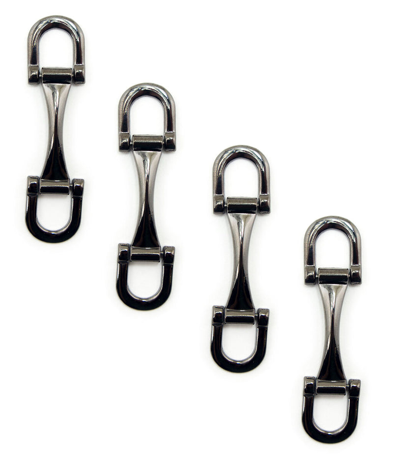Set of 4 dark gunmetal tone equestrian buckles on a white background.