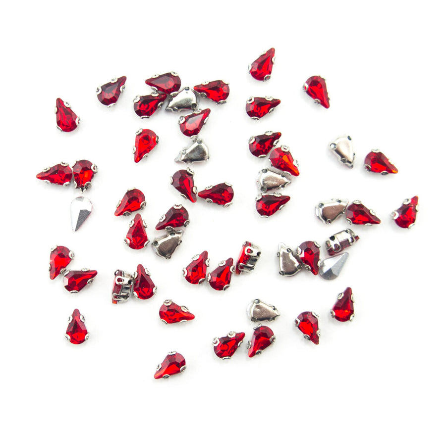 Set of 25 Small Red Glass Crystal Teardrop Sew In Trims with Silver Tone Metal Mounts - 6 x 3 mm