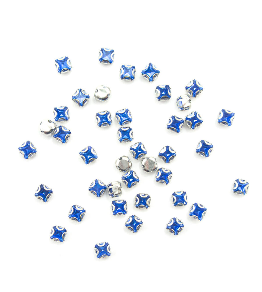 Set of 25 Small Royal Blue Glass Crystal Sew In Trims with Silver Tone Metal Mounts - 4 x 4 mm