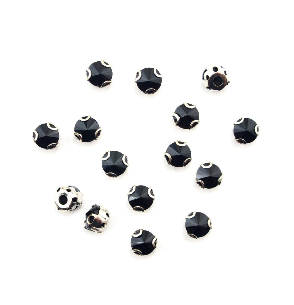 Set of 15 small black round crystal sew in trims displayed