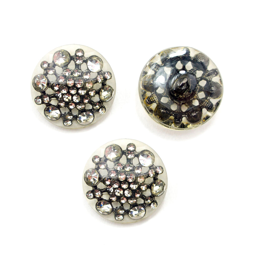 Set of 3 vintage white diamante crystal buttons, 28 mm diameter.