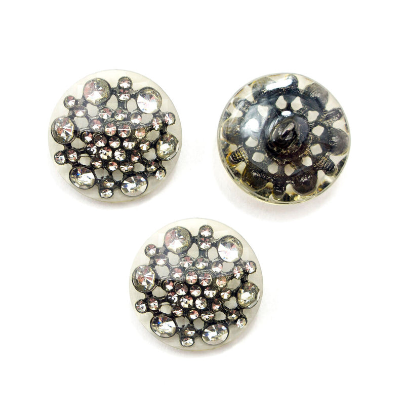 Set of 3 vintage white diamante crystal buttons, 28 mm diameter.