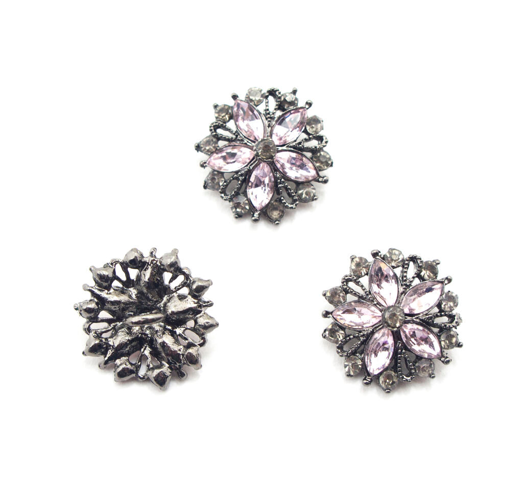 Set of 3 Victorian vintage style light pink glass crystal buttons in metal mounts.