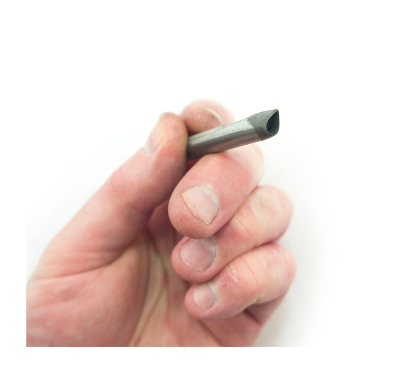 Steel leather punch tool showing teardrop design and size.