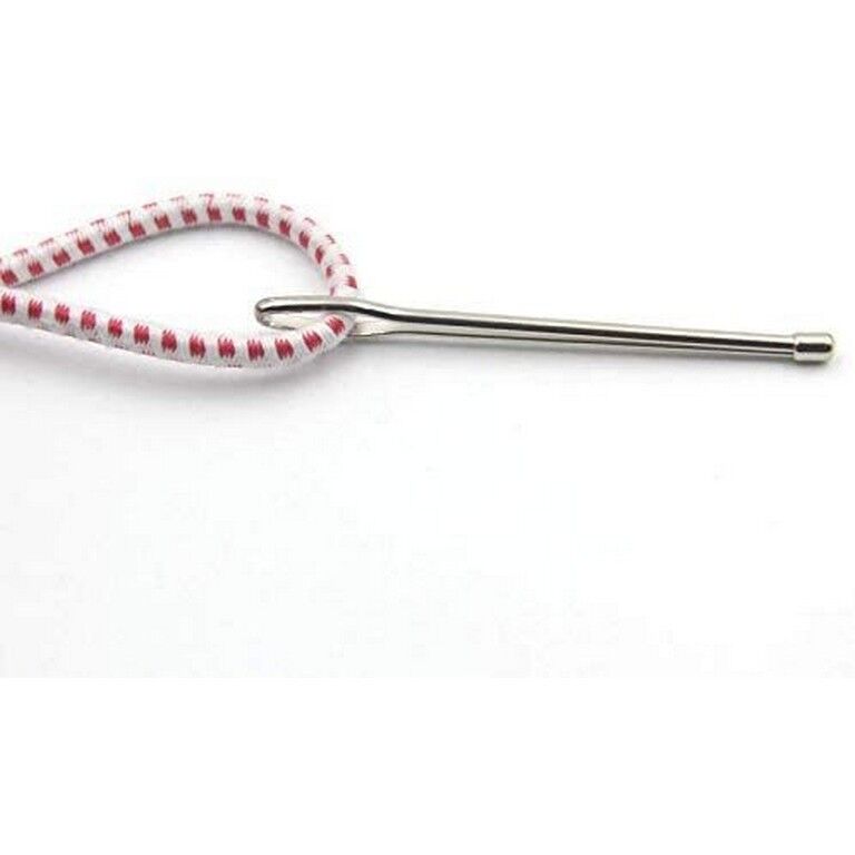 Close-up of a steel elastic ribbon threader showing its eye.