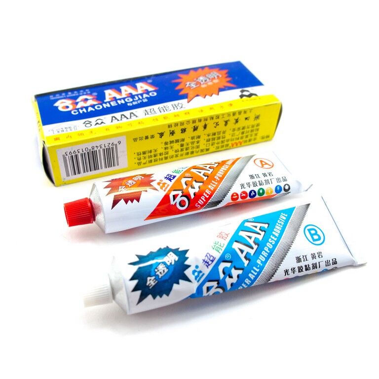 Two part epoxy adhesive tubes A and B for various materials.