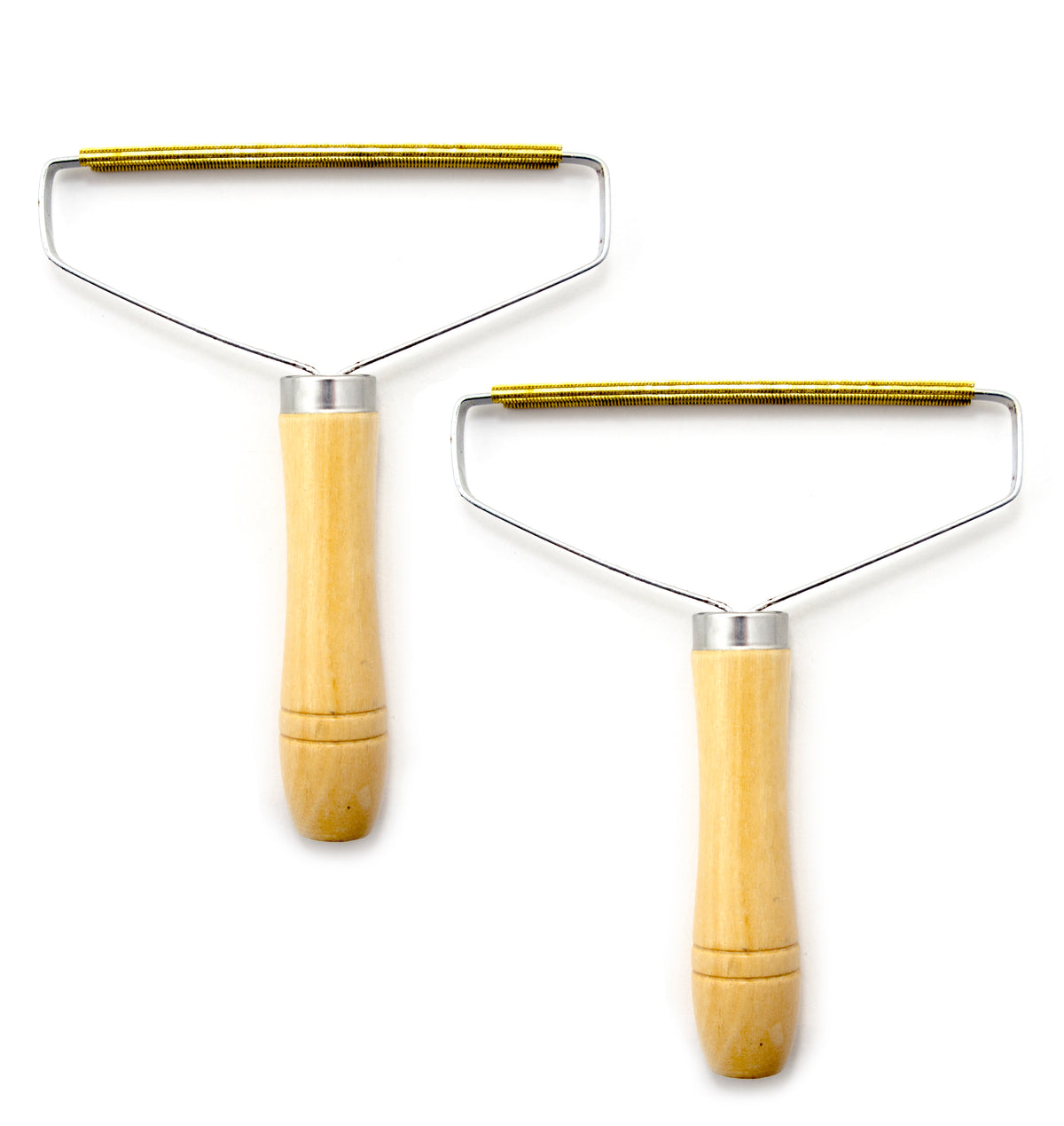 Two lint removers with wooden handles on a white background.
