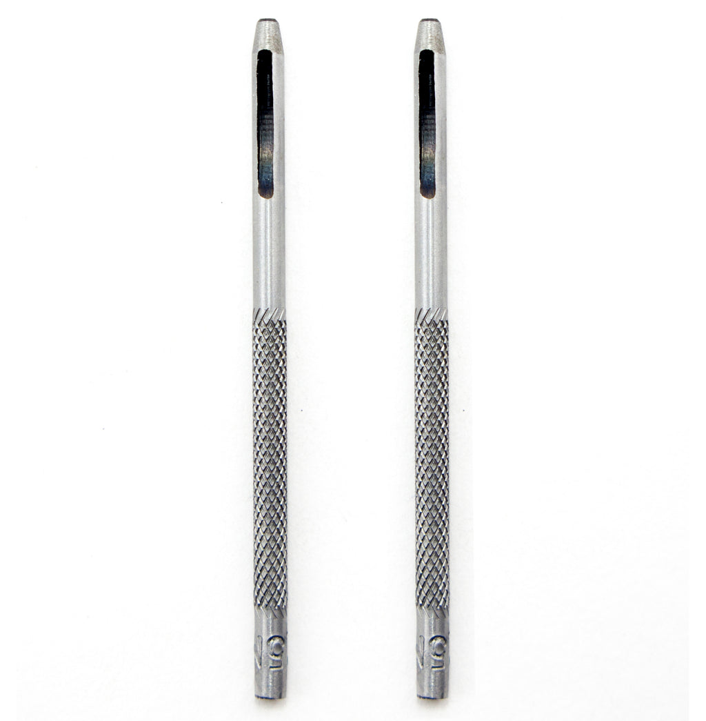 Two 1.5 mm round steel leather punches on a wooden surface.