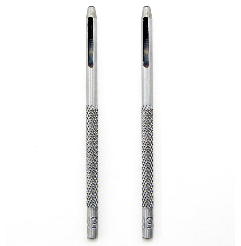 Two 1.5 mm round steel leather punches on a wooden surface.