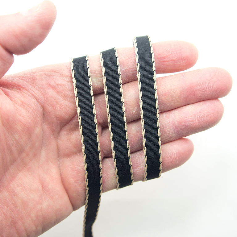 Close-up of black and gold ribbon trim showcasing the metallic thread.