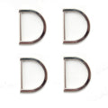 Four silver tone metal D rings displayed on a white background.