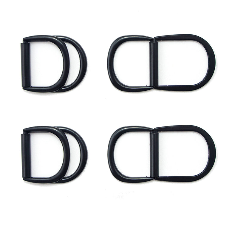 Set of 4 black metal hinged locking D rings for accessories.
