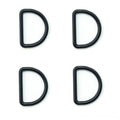 Four black metal D rings for crafting and accessories.