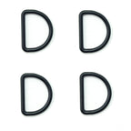 Four black metal D rings for crafting and accessories.