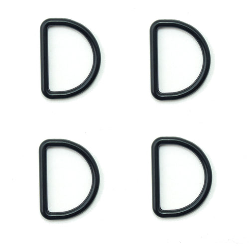 Four black metal D rings for crafting and accessories.