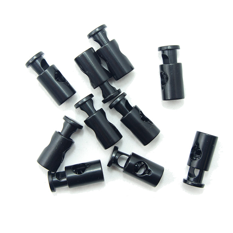 Set of 10 black metal spring stop cord toggle locks on a white background.