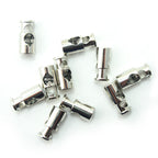 Set of 10 silver tone metal spring stop cord toggles on a white background.