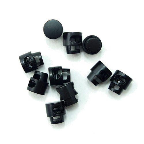 Set of 10 black metal spring stop cord toggle locks on a white background.