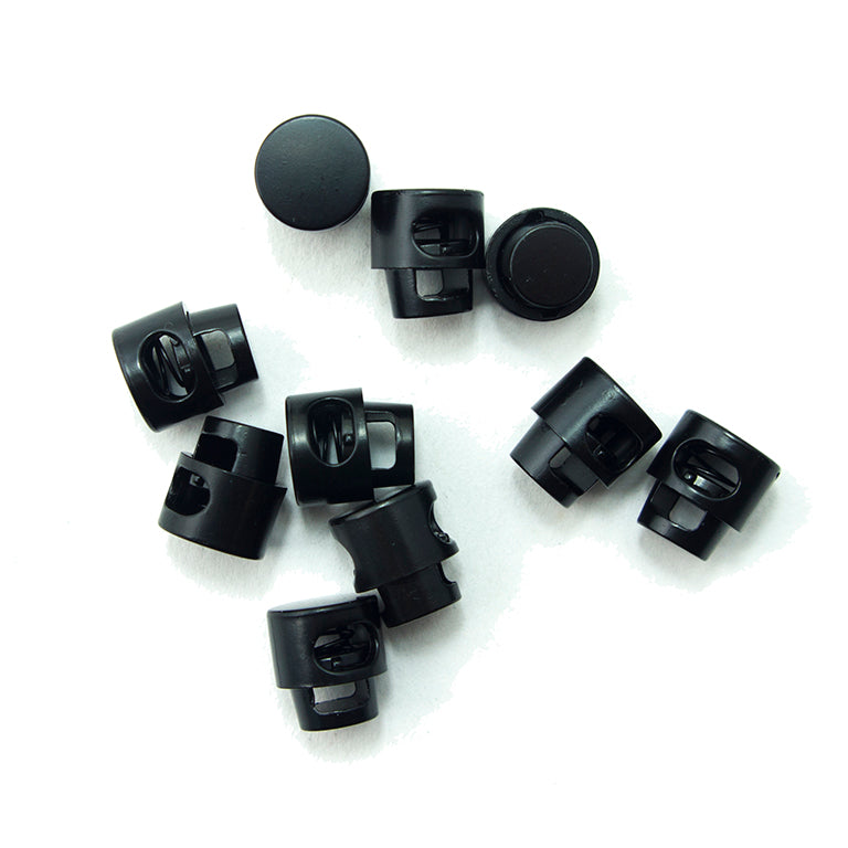 Set of 10 black metal spring stop cord toggle locks on a white background.