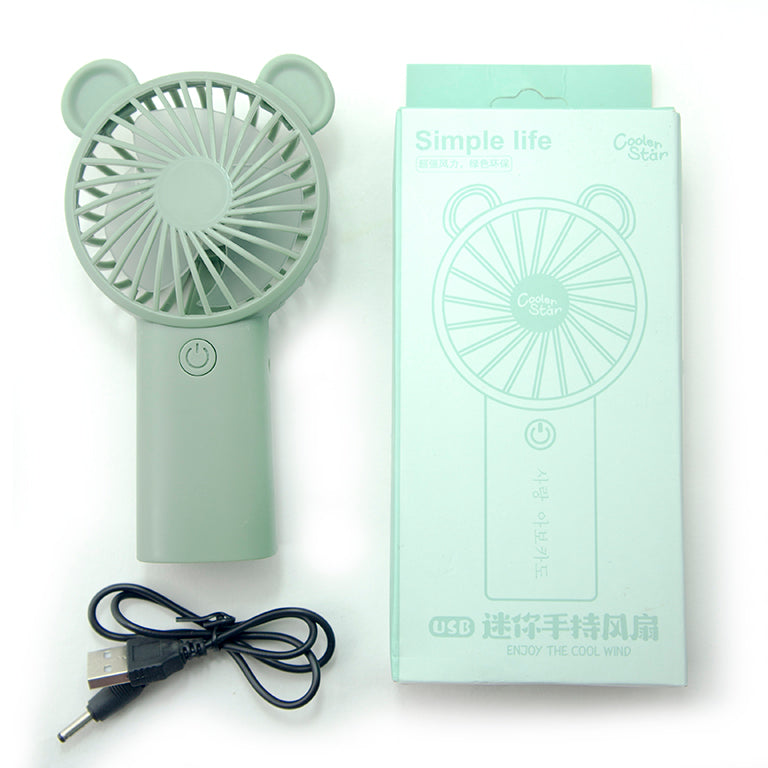 Handheld electric fan with USB charger, size 16 x 8 cm.