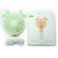 Folding handheld electric fan with USB charger, compact size.