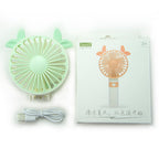 Folding handheld electric fan with USB charger, compact size.