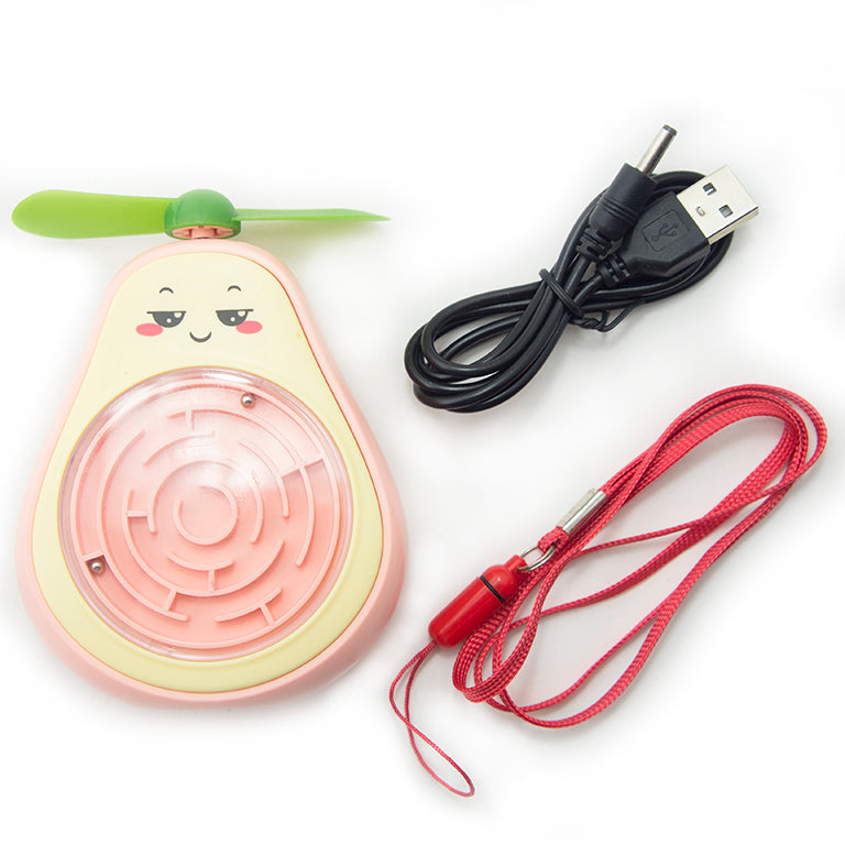Handheld electric fan featuring a fun fruit design and maze puzzle game.