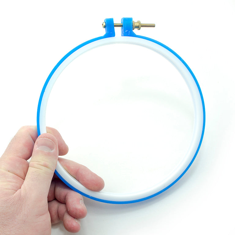 Close-up of various sizes of plastic embroidery hoops