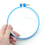 Close-up of various sizes of plastic embroidery hoops