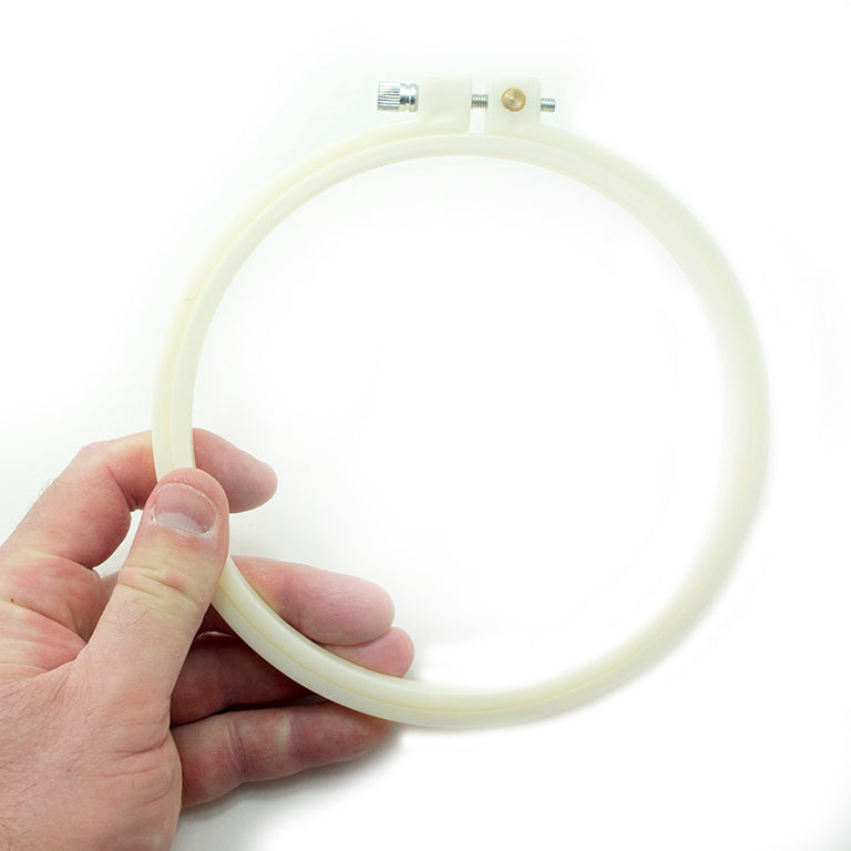 Close-up of a circular plastic embroidery hoop showing the round shape.