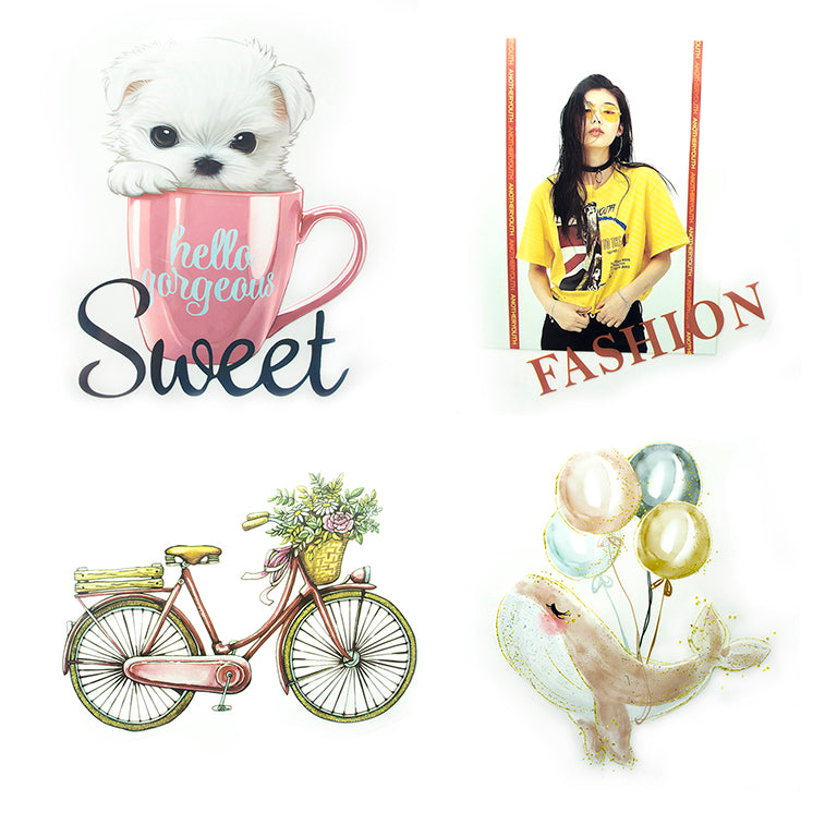 Iron-on transfers arranged in a vibrant layout