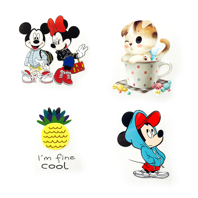 A selection of colourful iron-on transfers for clothing.