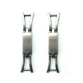 Polished gunmetal tone equestrian buckle on a white background.