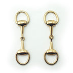 Darker gold tone metal hinged equestrian buckle on a white background.