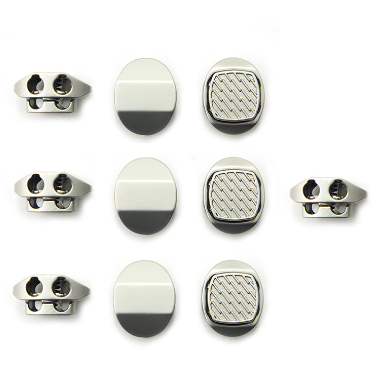 Set of 10 silver grey metal hoodie cord locks on a white background.