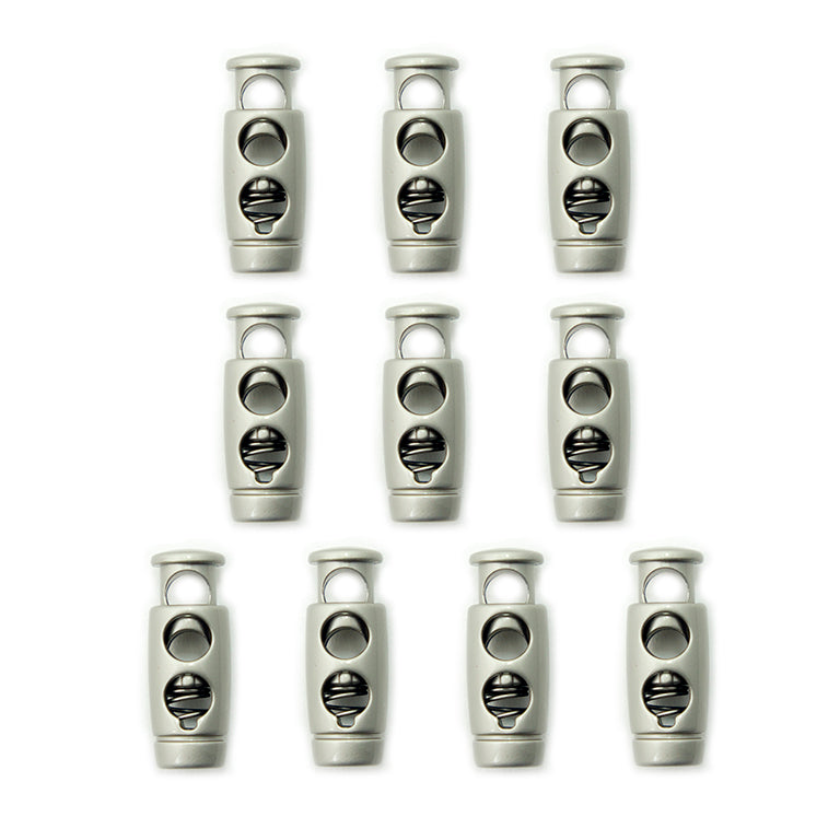 Set of 10 silver grey metal hoodie cord locks displayed