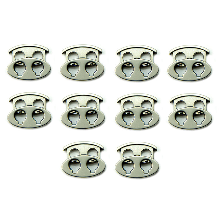 Set of 10 silver grey metal cord locks for hoodies and bags.