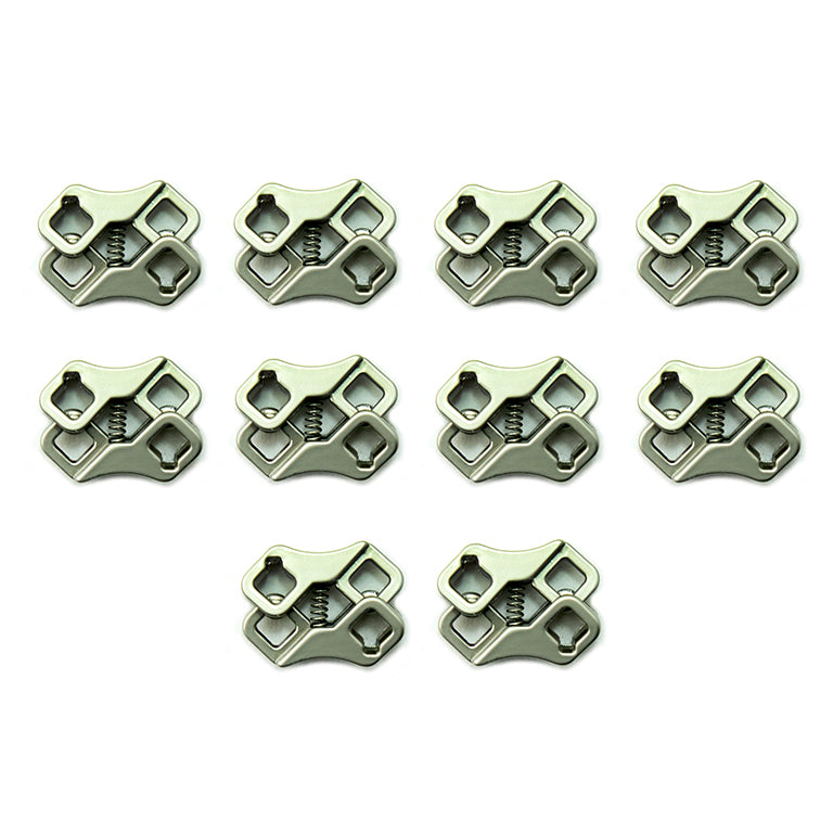 Set of 10 silver grey metal hoodie cord locks displayed