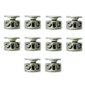 Set of 10 silver grey round metal cord locks for drawstrings.
