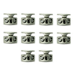 Set of 10 silver grey round metal cord locks for drawstrings.
